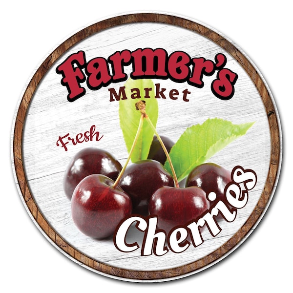 Corrugated Plastic Sign With Stakes 24in Circular-Farmers Market Cherries, C-24-CIR-WS-Cherries